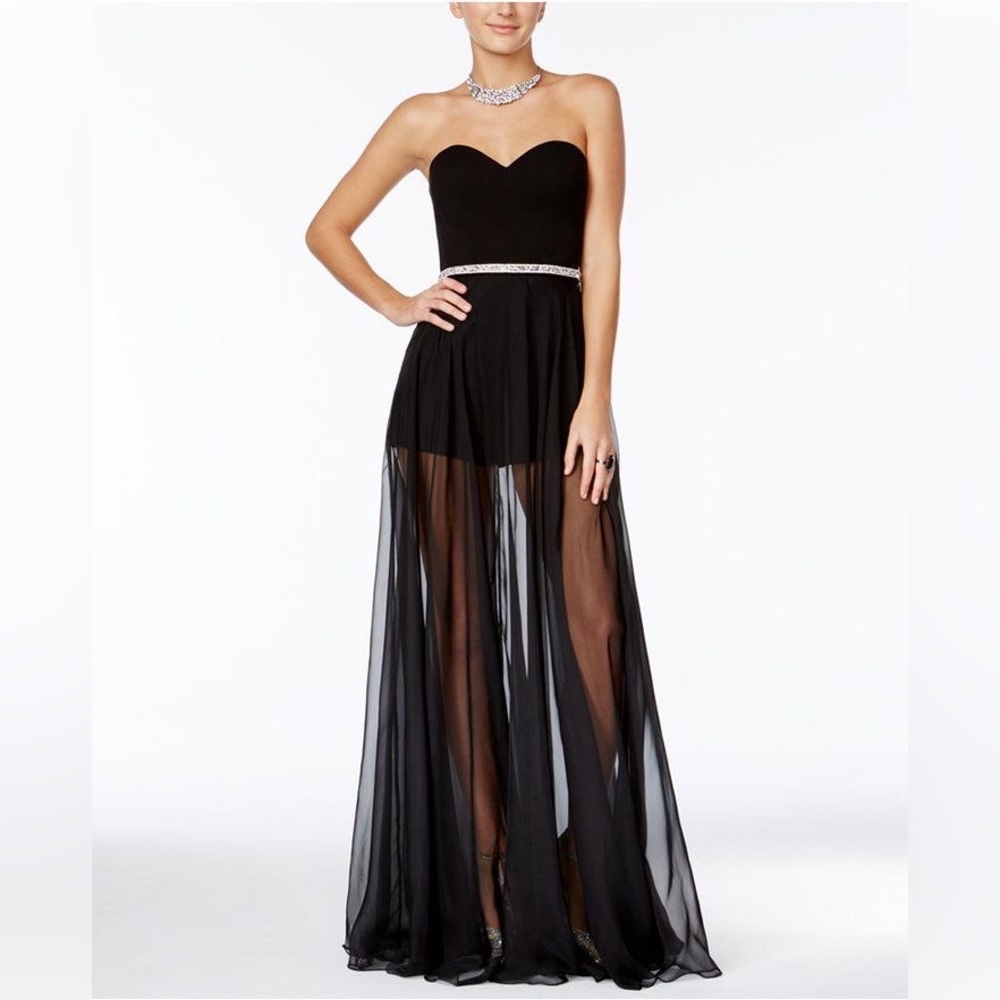 Crystal Doll Juniors' Embellished Sheer-Overlay Romper Dress
